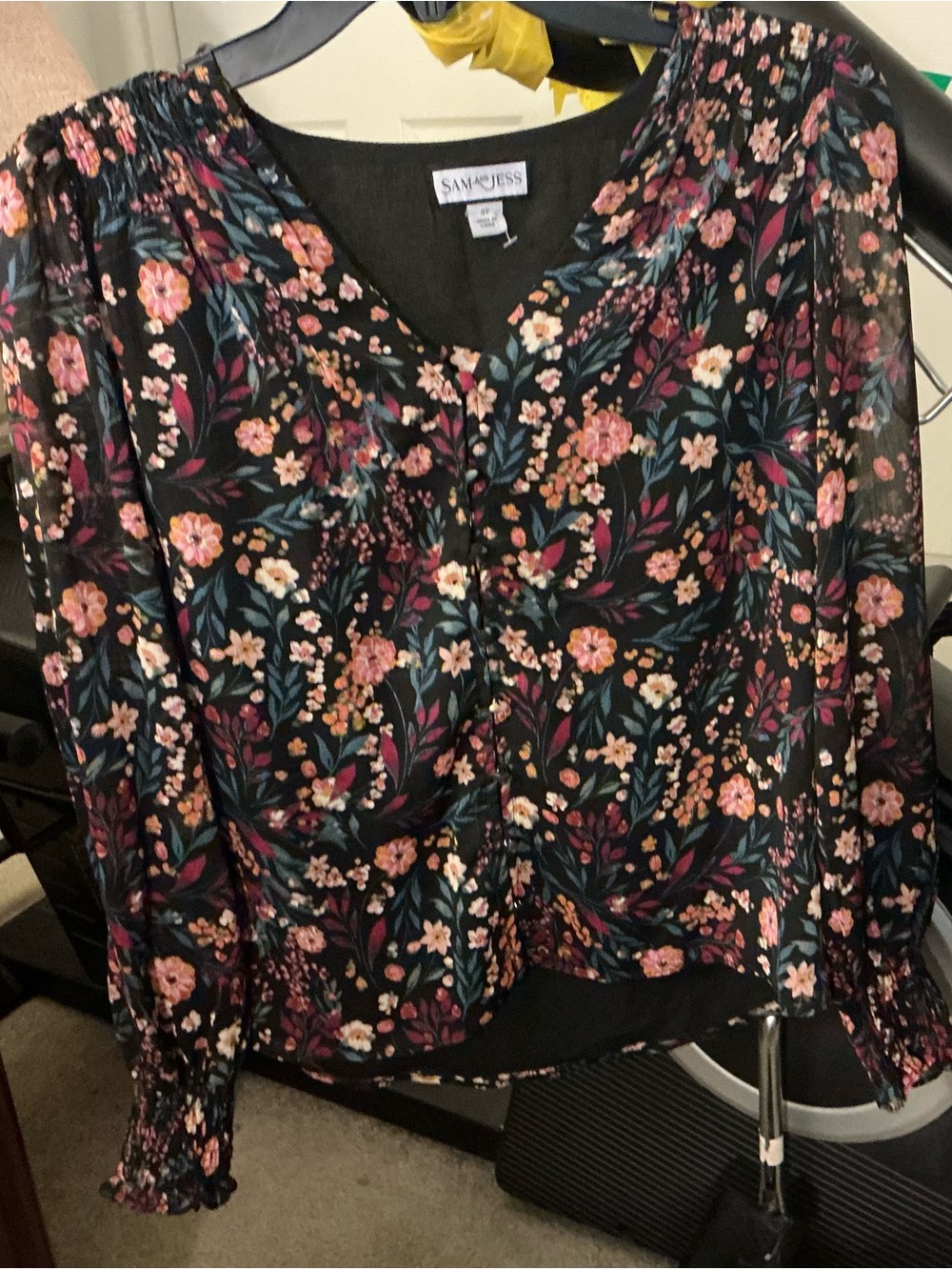 MSK Black Floral V-Neck Long Sleeve Blouse with Pink and Teal Blooms